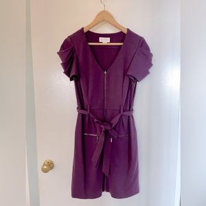 Jessica Simpson zip front puff sleeve belted dress color: eggplant size 8/M